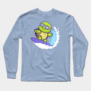 Cute Turtle Surfing In Sea Cartoon Long Sleeve T-Shirt